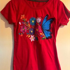 Vibrant Red Floral Embroidered Women's Tee